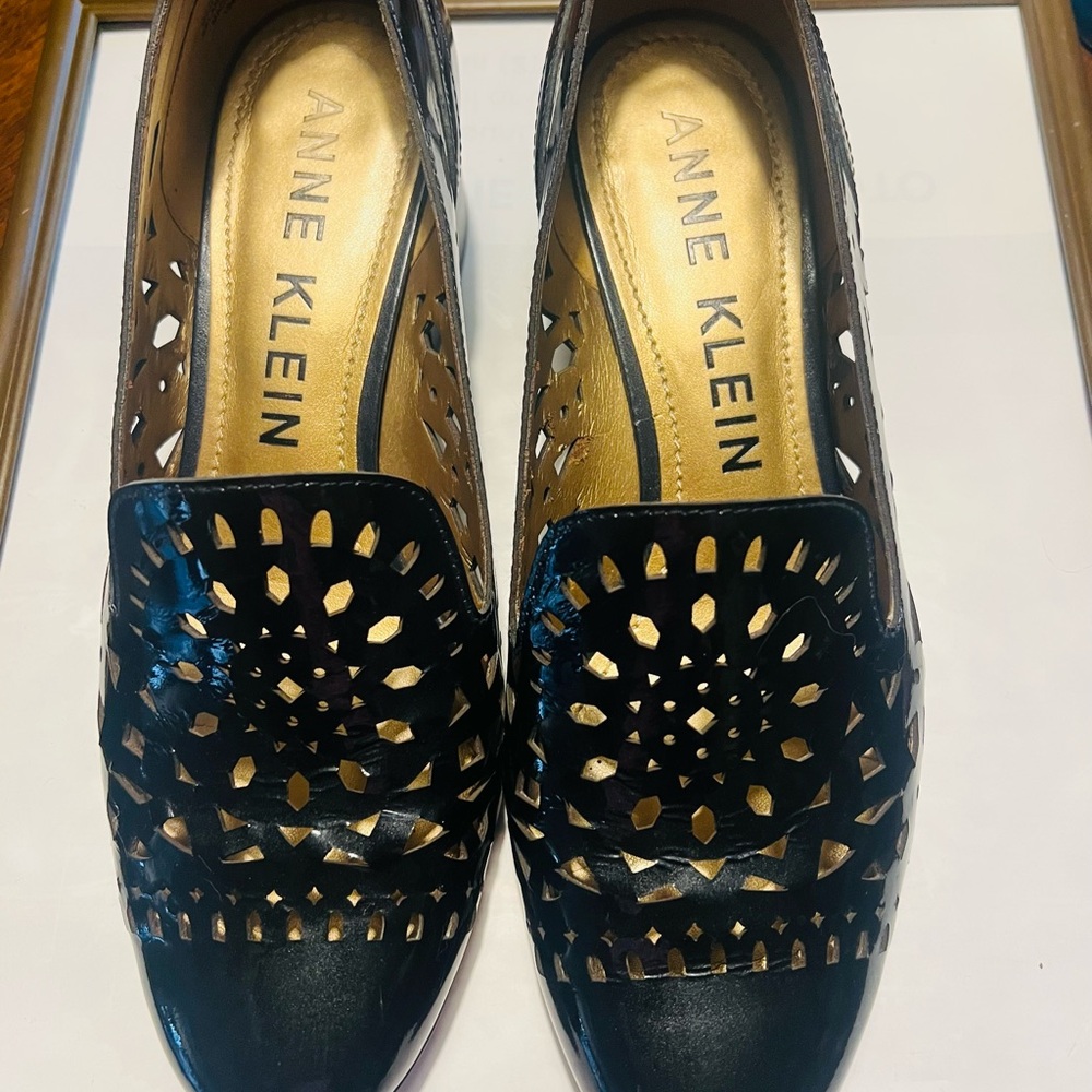 Anne Klein Black Laser-Cut Loafers with Gold Insole